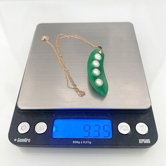 14k Gold Green Jade Pearl Pea Pod Pendant Necklace Carved 18" 9.3 Grams - Picture 10 of 10